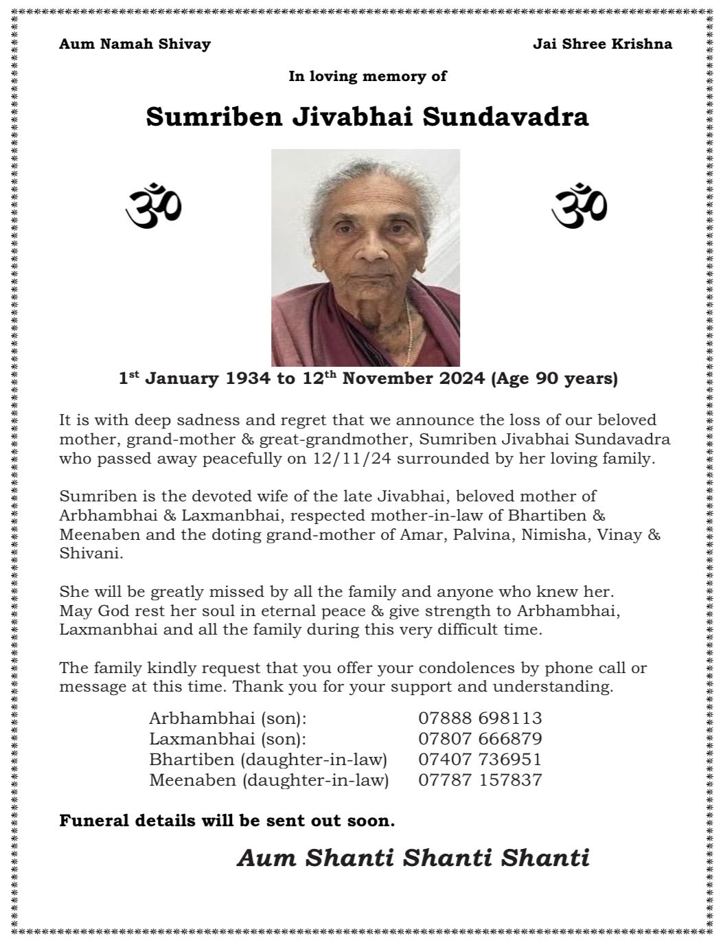 Sumriben Jivabhai Sundavadra passed away